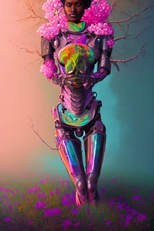 Prompt: illustration lowbrow cinematic super expressive! yoruba goddess with exoskeleton armor, merging with tree in a forest, pink yellow flowers, highly detailed digital art masterpiece, smooth etienne sandorfi eric zener dramatic pearlescent soft teal light, ground angle uhd 8 k, sharp focus