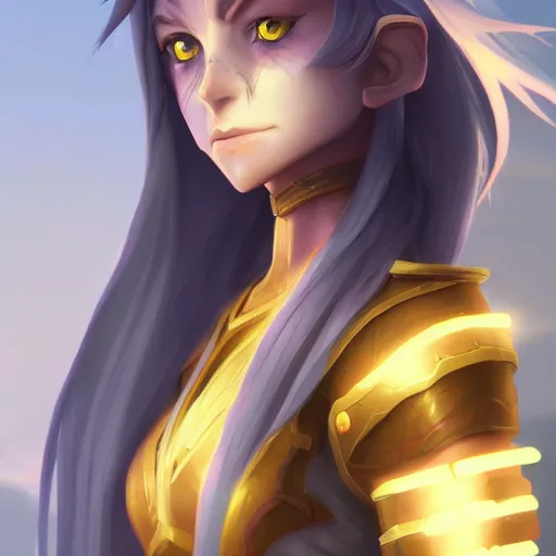 Image similar to a night elf girl with grey skin, yellow eyes and hair, ponytail, wearing armor, highly detailed, digital painting, artstation, matte, by makoto shinkai, animation style