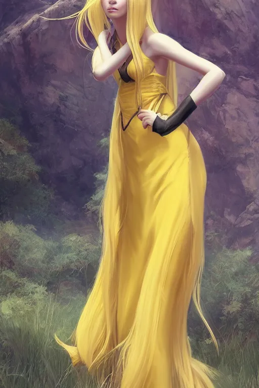 Prompt: girl wizard with long yellow hair wearing a dress, video game character art, by artgerm, by jeremy lipking, by makoto shinkai, digital art, fantasy art, octane render, drawing, beautiful girl