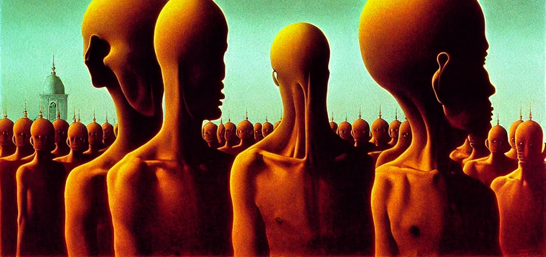 Image similar to dystopian surreal painting alien monks praying to a single eerie head statue surrounded by uneven buildings, artstyle by zdzisław beksinski and caravaggio