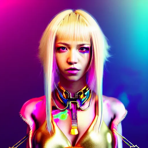 Image similar to hyperdetailed portrait of a stunningly beautiful cyberpunk cutie with blonde hair guard made of iridescent metals and shiny pink gems, bright rainbow nimbus, gold necklace, gold background inspired by ross tran and masamune shirow and kuvshinov, intricate, photorealistic, octane render, rtx, hdr, unreal engine, dnd digital art by artgerm