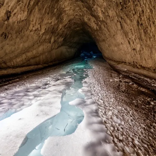 Image similar to narrow ice cave with low ceiling and narrow rough river running through it, surreal,