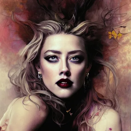 Prompt: hyperrealistic portrait of amber heard as a vampire witch in a black coat covered eyes sapphire butterflies in a mystic clouds smoke fog sky stars at dusk falling organic leaves fire. by jeremy mann and alphonse mucha, fantasy art, photo realistic, dynamic lighting, artstation, poster, volumetric lighting, very detailed faces, medium shot, 4 k, award winning