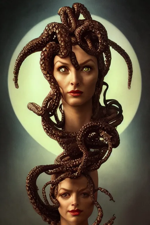 Prompt: harryhausen medusa, photo, portrait, intricate details, by vincent di fate, artgerm, julie bell, beeple, Alphonse mucha, and Greg Rutkowski, 90s, Smooth gradients, octane render, 8k, High contrast, duo tone, depth of field, very coherent symmetrical artwork