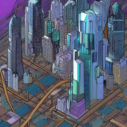 Image similar to A digital art of a city in 2055, detailed award winning comic cover by moebius