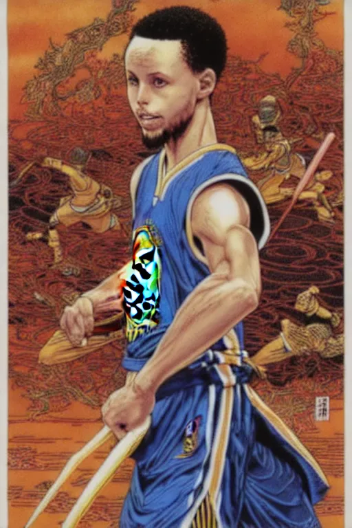 Prompt: poster of stephen curry as a samurai, wearing han - era armor, by yoichi hatakenaka, masamune shirow, josan gonzales and dan mumford, ayami kojima, takato yamamoto, barclay shaw, karol bak, yukito kishiro