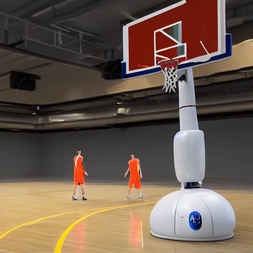 Prompt: three large white glossy kuka industrial robot arms playing basketball in a gym, global illumination, artstation, fantasy