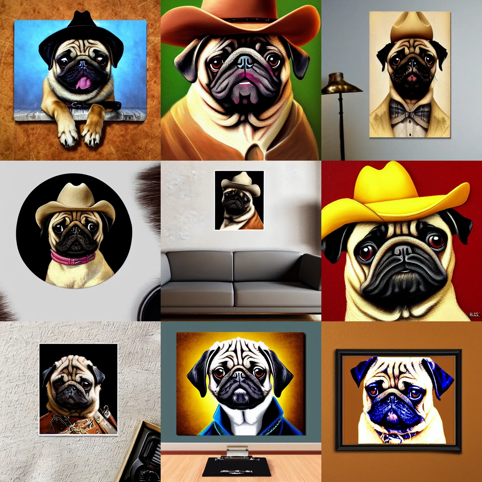 Prompt: dog pug as cowboy portrait, high resolution quality extremely detailed 8k intricate sticker precise sharp color heavy texture painting by rembrandt