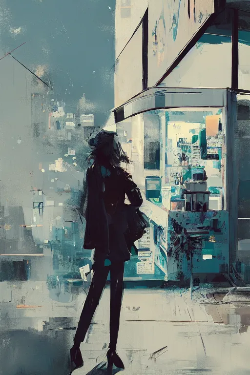 Prompt: a portrait of a stylish woman standing in front of a convenience store by Ismail Inceoglu