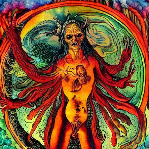 Prompt: horror vacui depicting sacred and profane, birth, love, death, God, devil, reproduction, psychedelic, mushrooms