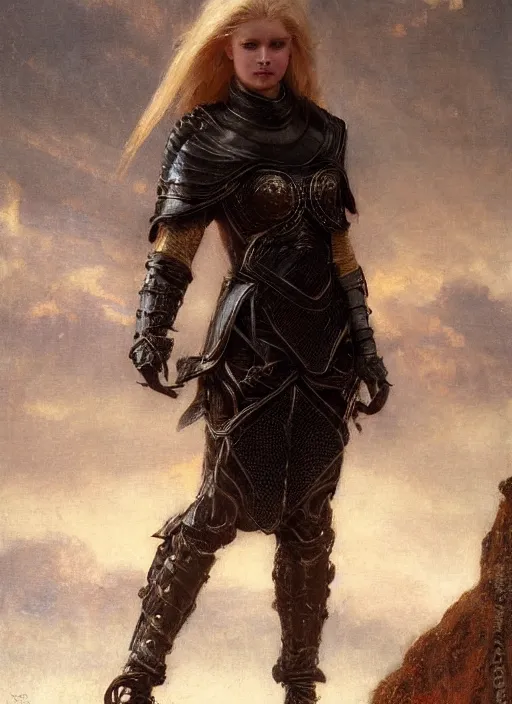 Image similar to young blonde woman wearing a simple black medieval armour, by gaston bussiere, bayard wu, greg rutkowski, giger, maxim verehin, greg rutkowski, masterpiece, sharp focus, cinematic lightning