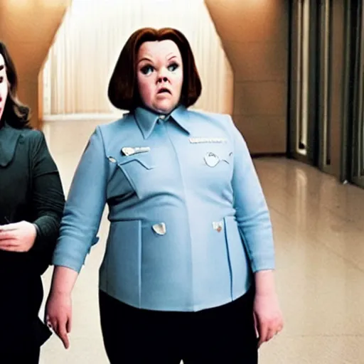 Prompt: cinematic still from a sci - fi absurdist comedy with ricky gervais as melissa mccarthy, dramatic