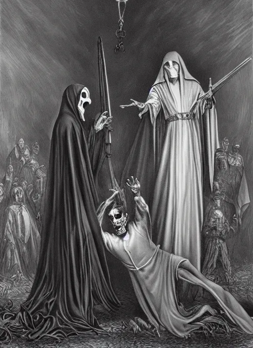 Image similar to the grim reaper meetup with dracula. gustave dore and anne stokes,