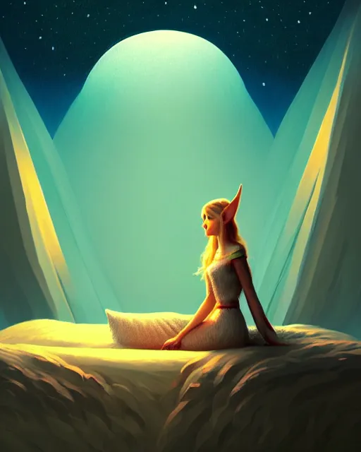 Image similar to beautiful painting of elven sitting on her bed, art by mike winkelmann and by petros afshar, sky night, illustration, highly detailed, simple, smooth and clean vector curves, no jagged lines, vector art, smooth, artstation