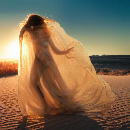Image similar to filmstill photography of female body silhouette covered with curly white translucent blanket blowing in wind, acrylic liquid colors, luxurious supermodel photoshooting, golden jewelry, bokeh, godrays, strong wind, wrinkles, sunrays, sunset, lens flares, monet, renoir, cold colors, digital illustration, art noveau, liquid marbling painting, sand dunes