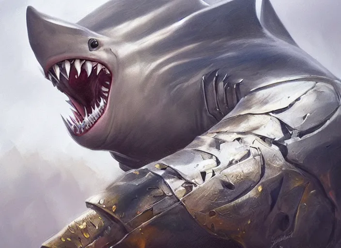 Image similar to beautiful oil matte portrait painting, a shark wearing armor holding a saberstaff, lightstaber, wonderful masterpiece highly detailed, beautiful cinematic light deep focus, elegant, digital painting, smooth, sharp focus, golden ratio, dramatic illumination, ultra realistic, 8 k, art by jimmy law