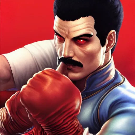 Prompt: freddy mercury as ryu street fighter, ultra realistic, concept art, intricate details, highly detailed, photorealistic, octane render, 8 k, unreal engine, art by frank frazetta, simon bisley, brom