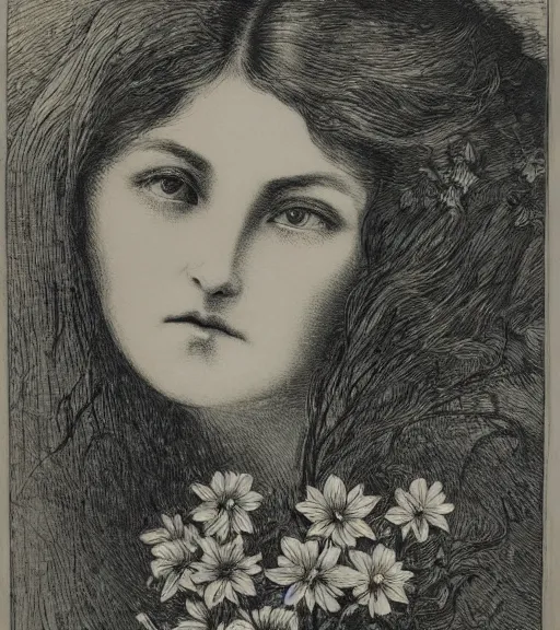 Prompt: black and white, extreme close-up, dark light, woman face in flowers, Gustave Dore lithography