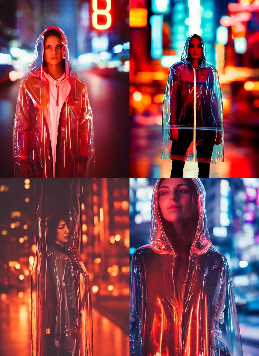 Prompt: A hyper realistic and detailed portrait photography of a woman wearing a futuristic transparent raincoat with hoodie on a rainy day. by annie leibovitz. Neo noir style. Cyberpunk city. High quality. Cinematic. Extreme Swirly bokeh. Red neon lights and glow in the background. Cinestill 800T film. Lens flare.