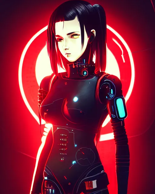 Image similar to a detailed potrait of a cyberpunk cyborg girl with black and red parts, perfect face, realistic shaded perfect face, detailed. night setting. very anime style. realistic shaded lighting poster by ilya kuvshinov katsuhiro, unreal engine, global illumination, radiant light, detailed and intricate environment