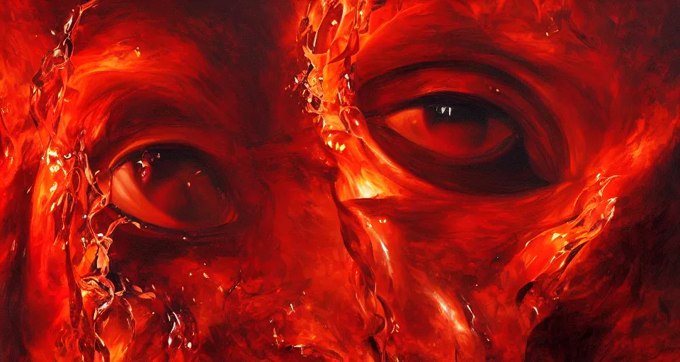 Image similar to a volcano made of ivory vines and crimson rocks enters in eruption, it spits a smoke in the shape of demonic eye, by Rob Hefferan