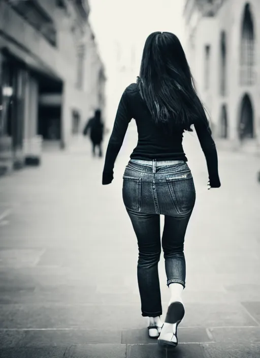 Image similar to beautiful photo of a beautiful woman walking through a city, full body, hyper realistic, 8 k, dslr, 3 mm, highly detailed photograph