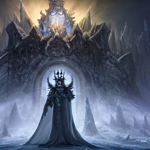 Prompt: a matte painting of the lich king wearing a crown made of ice, frozen, world of warcraft, digital art, fantasy, realistic lighting, in the style of greg rutkowski