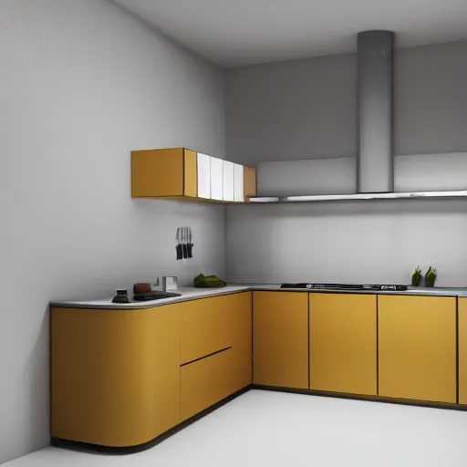 Prompt: isometric minimalistic chubby kitchen, c 4 d style, 1 0 0 mm, depth of field, octane render, studio lighting