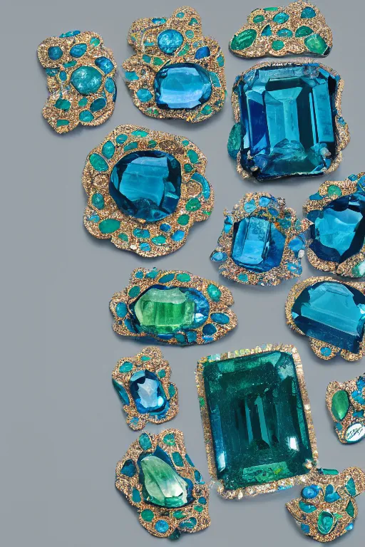 Prompt: a desk full of blue and green diamonds