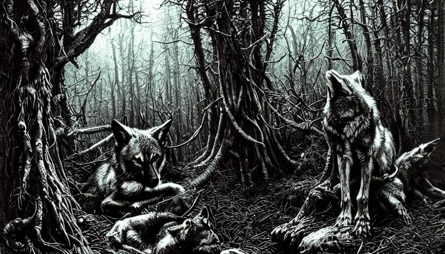 Prompt: wolfs in the forest, rotting, blood, night, death, fear, horror, religion, hyperrealism, detailed and intricate environment, art by gustave dore, jean giraud, philippe druillet