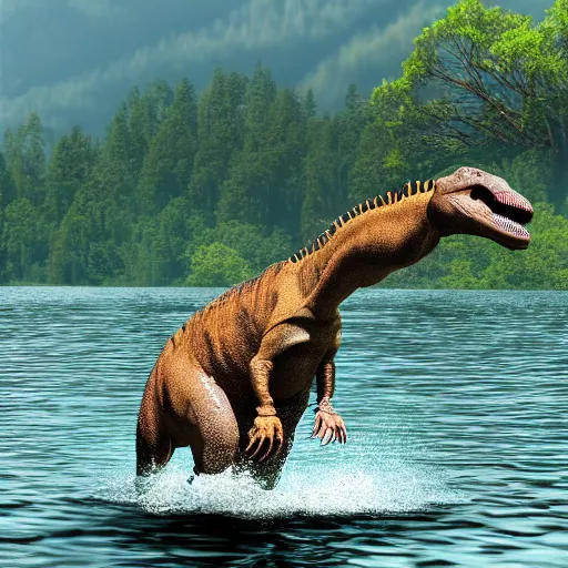 Image similar to a photo of a dinosaur swimming in a lake, realistic, ultra high detail, 8 k.