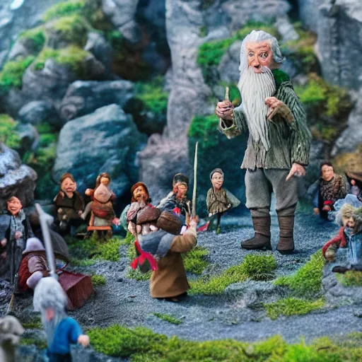 Image similar to claymation of bilbo's birthday party, gandalf, fireworks, frodo, pippin, merry, gritty, tilt shift, award winning, highly textured, very detailed