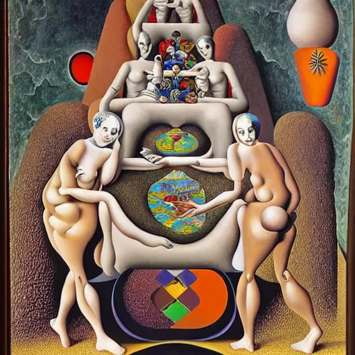 Prompt: the three fates, pain, pleasure, suffering, adventure, love, life, afterlife, abstract oil painting, gouche on paper by MC Escher and Salvador Dali and raqib shaw,-W 1024