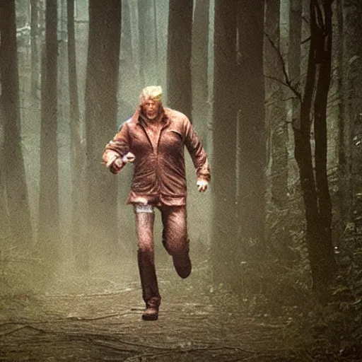 Image similar to A picture of Donald Trump running from Pyramid Head from Silent Hill in the woods.