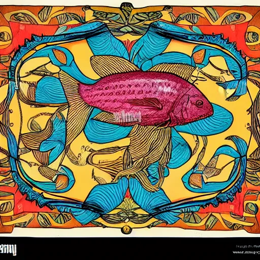 Prompt: A very detailed color illustration on paper of an Art Nouveau decorated fish