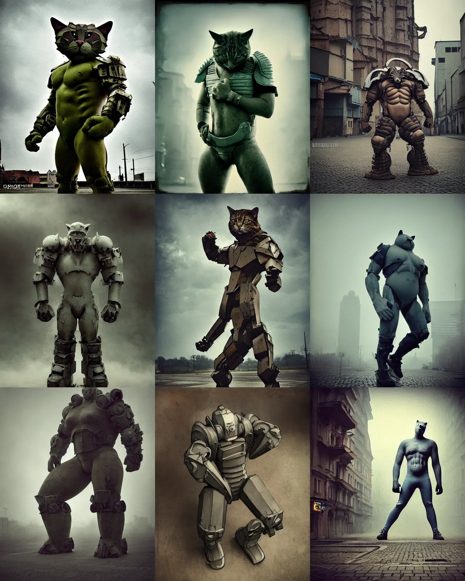 Prompt: epic pose!!! giant oversized bulky battle sci - fi chest armor hulded anthropomorphic cat rugged hulked, in legnica, full body, cinematic focus, polaroid photo, vintage, neutral dull colors, soft lights, foggy mist, by oleg oprisco, by thomas peschak, by discovery channel, by victor enrich, by gregory crewdson