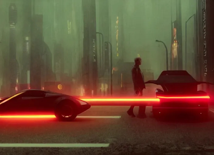 Prompt: Bladerunner 2049 scene red sports car driving on empty road dark atmospheric volumetric lighting grungy moody dark cinematic Roger Deakins Cinematography futuristic cyberpunk car soul red GTR NSX RX8 C3 Chaser S16 Evo X Z07 R34 ikuo maeda Newton Thomas Sigel bladerunner 2049 screen cap still