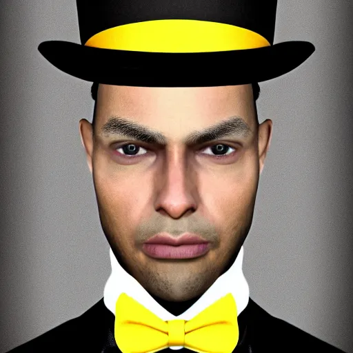 Image similar to a highly detailed portrait of a man in a high top hat covering his face, in a black tailcoat with a yellow waistcoat under the tailcoat, artstation, deviantart, professional, unreal engine 5, photorealistic