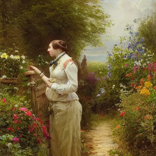 Image similar to Jean-Baptiste Monge and Solomon Joseph Solomon and Richard Schmid and Jeremy Lipking victorian genre painting portrait painting of an english country cottage with a stone path and flower garden