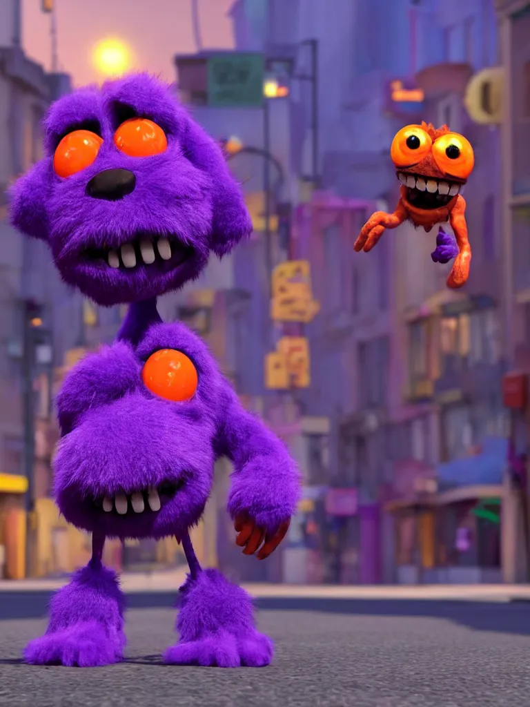 Prompt: smiling colorful furry purple monster toy with orange gloved hands on its arms and orange boots on its feet and two big round eyes walking down a city street at dusk, 3D model unreal engine highly detailed rendered in pixar renderman