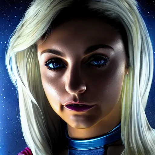 Prompt: alexa bliss as power girl, artstation hall of fame gallery, editors choice, #1 digital painting of all time, most beautiful image ever created, emotionally evocative, greatest art ever made, lifetime achievement magnum opus masterpiece, the most amazing breathtaking image with the deepest message ever painted, a thing of beauty beyond imagination or words, 4k, highly detailed, cinematic lighting