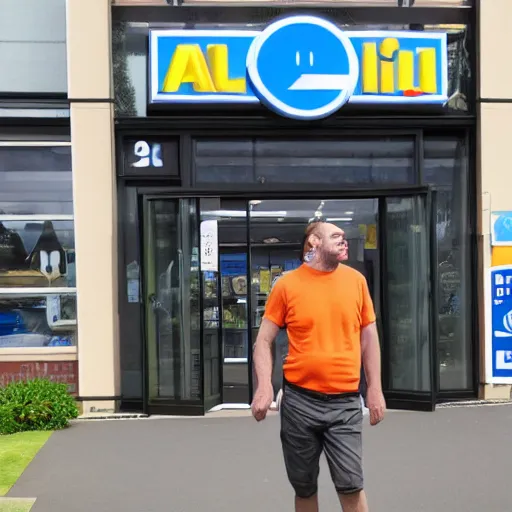 Image similar to a man terrified of entering an aldi supermarket, photo realistic