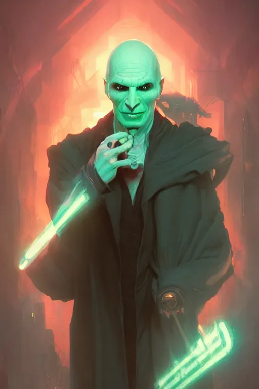 Image similar to Lord Voldemort without nose in cyberpunk, neon lighting, digital art from artstation by Ruan Jia and Mandy Jurgens and Artgerm and william-adolphe bouguereau and Greg Rutkowski and Wayne Barlowe