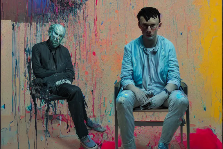 Prompt: portrait of an actor sitting in a chair contemplating, art by james jean and luc tuymans and vincent lefevre and hernan bas and pat steir and hilma af klint, psychological, dripping paint, high quality render, cg society contest winner, retrofuturism, masterpiece