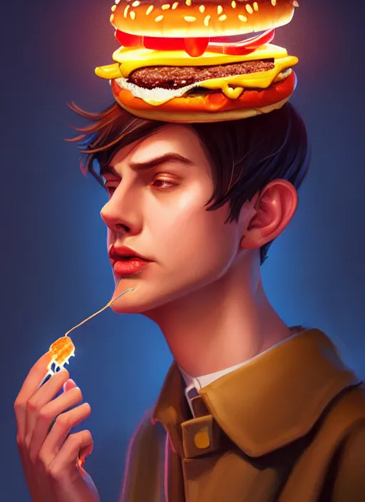 Image similar to portrait of jughead jones, eating a hamburger, wearing a crown, eyes closed, intricate, elegant, glowing lights, highly detailed, digital painting, artstation, concept art, smooth, sharp focus, illustration, art by wlop, mars ravelo and greg rutkowski