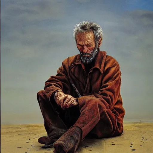 Prompt: painting of clint eastwood hobo praying hyperrealism vasily vereshchagin