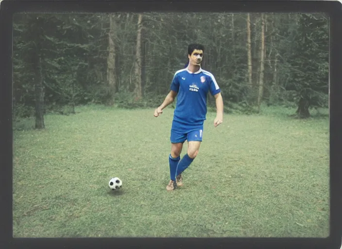 Prompt: medium shot, mikel arteta playing soccer in woods, polaroid photo, vintage, neutral colors, by gregory crewdson
