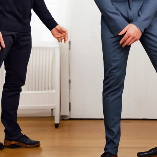 Prompt: man looking at his pants with confused look