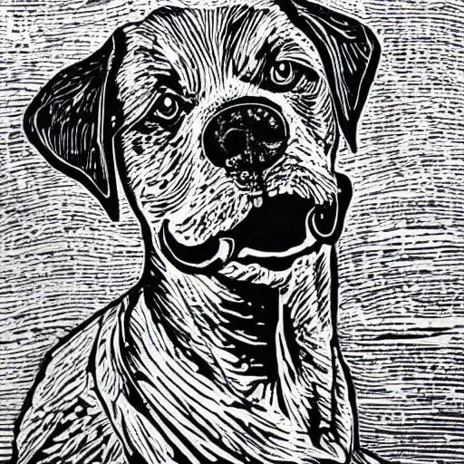 Image similar to linocut, black and white, hound dog