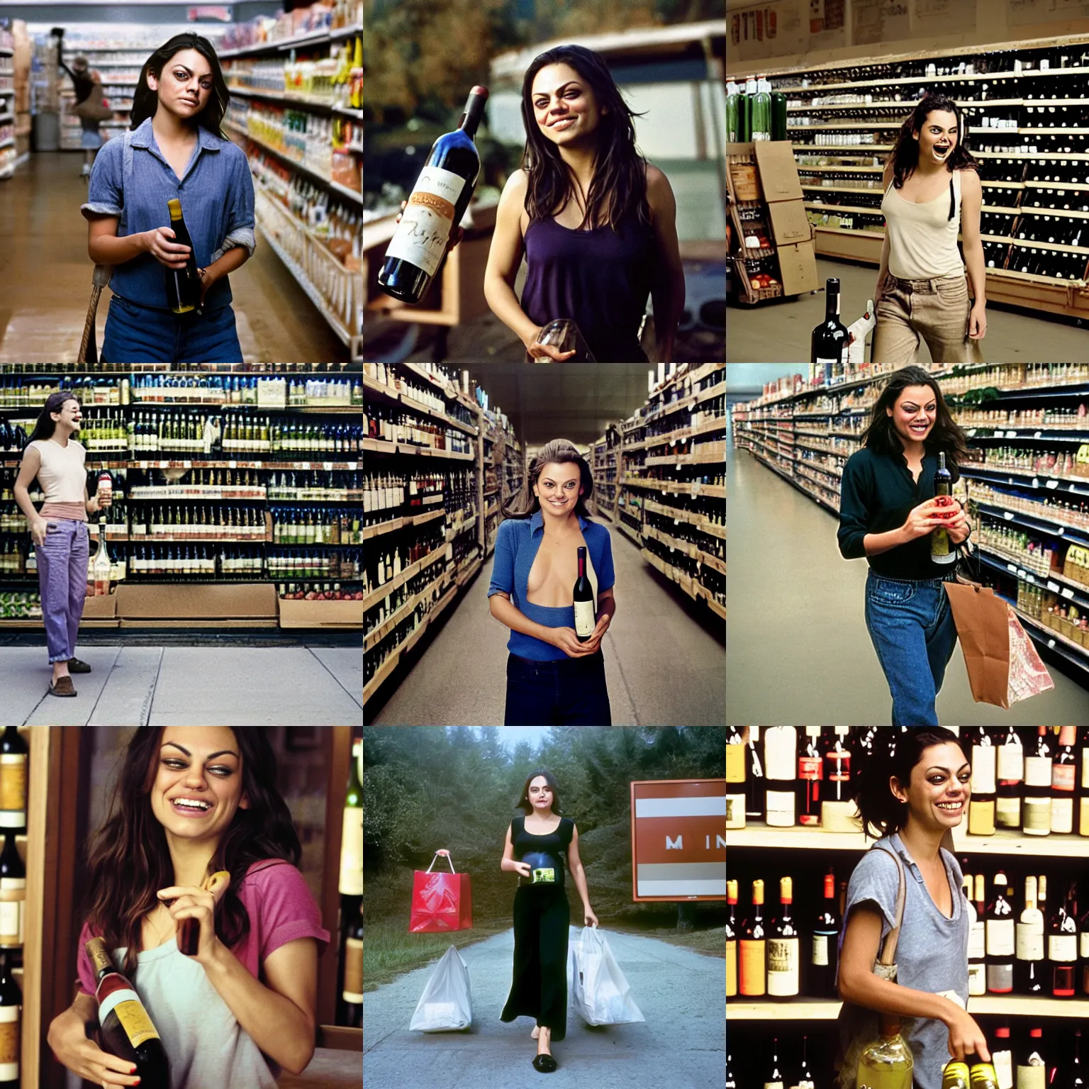 Image similar to face portrait of laughing Mila Kunis walking out of the grocery store holding bottles of wine, Gregory Crewdson, Joel Sternfeld